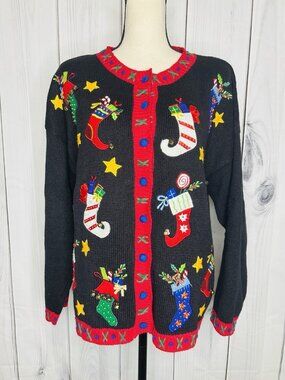 Tiara International Christmas Cardigan Sweater Stockings Sz L Vintage Beads Bell